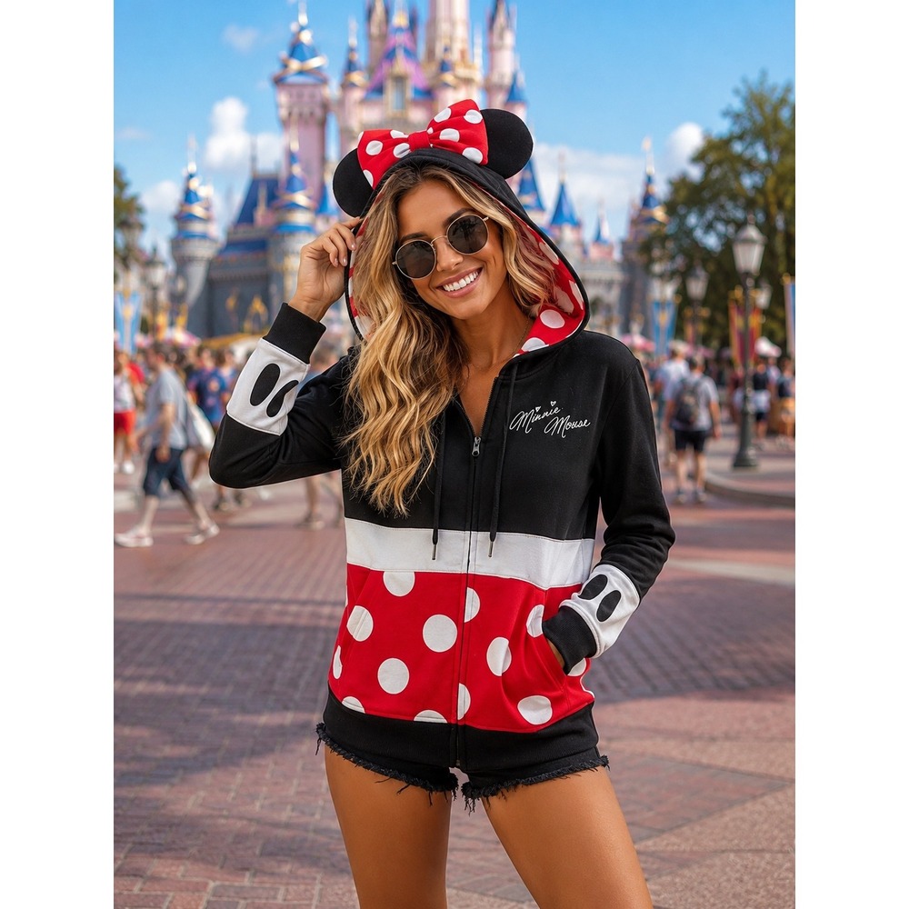 Disney‎ Parks Minnie Mouse Ears Full Zip Hoodie Jacket XS Bow Polka Dots Cute